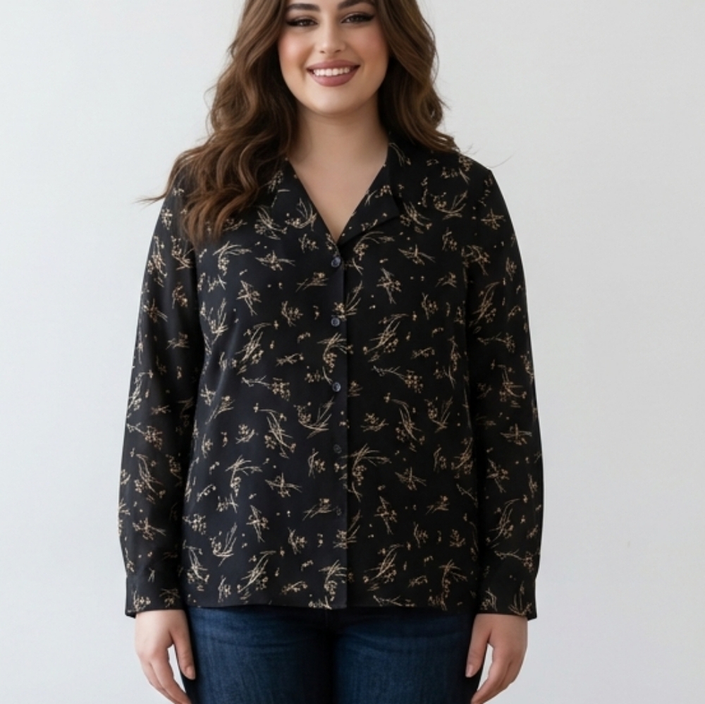 Sag Harbor Black Button-Down Blouse with Tan Floral Print: Plus Sz 18